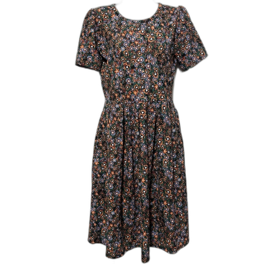 LuLaRoe Amelia Dress M Multicolor Floral Fit Flare Short Sleeve Cottagecore